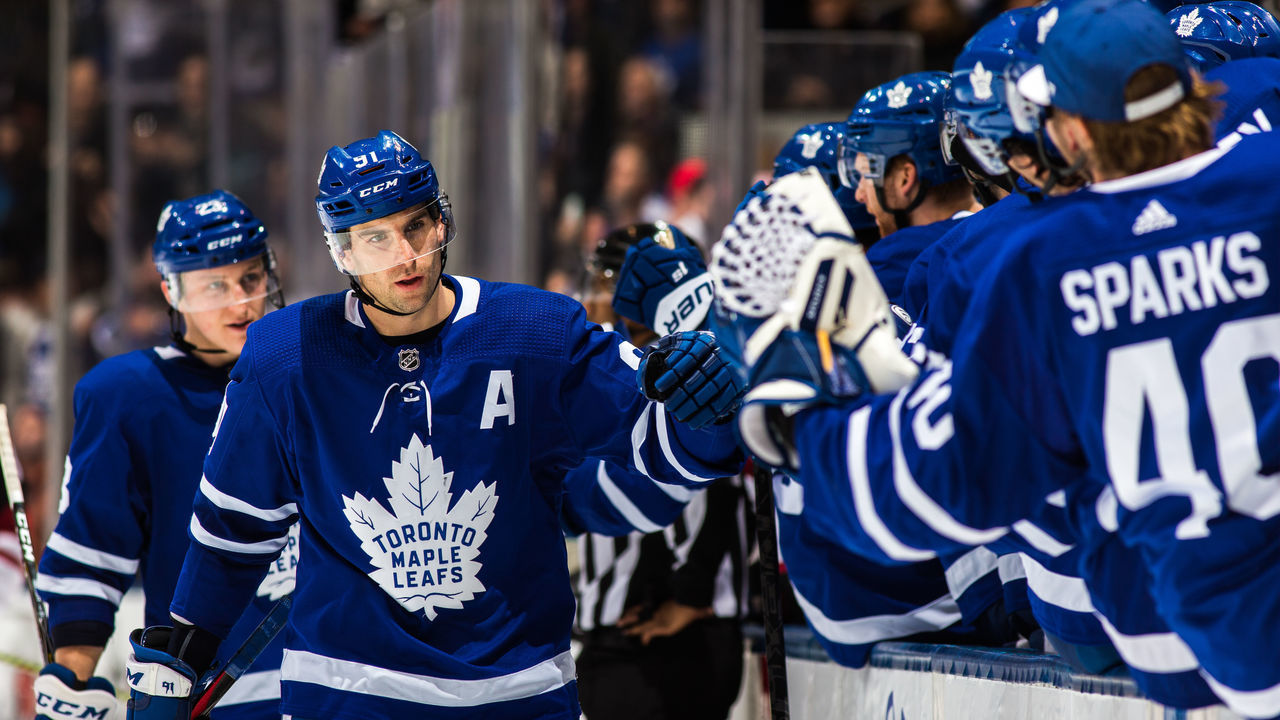 TORONTO, ON - JANUARY 20: John Tavares #91 of the Toronto Maple Leafs celebrates after scoring on the Arizona Coyotes during the third period at the Scotiabank Arena on January 20, 2019 in Toronto, Ontario, Canada.