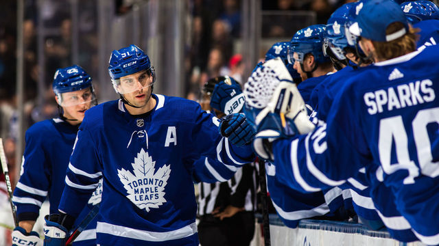 TORONTO, ON - JANUARY 20: John Tavares #91 of the Toronto Maple Leafs celebrates after scoring on the Arizona Coyotes during the third period at the Scotiabank Arena on January 20, 2019 in Toronto, Ontario, Canada.
