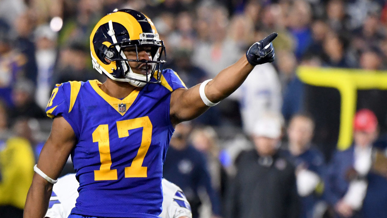 LOS ANGELES, CA - JANUARY 12: Wide receiver Robert Woods #17 of the Los Angeles Rams reacts after a first down catch against the Dallas Cowboys in the first half of a NFL playoff football game at the Los Angeles Memorial Coliseum on Saturday, January 12, 2018 in Los Angeles, California.