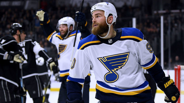 LOS ANGELES, CALIFORNIA - JANUARY 21: Ryan O'Reilly #90 of the St. Louis Blues reacts to his goal to tie the game 3-1 with the Los Angeles Kings during a 4-3 Kings win at Staples Center on January 21, 2019 in Los Angeles, California.