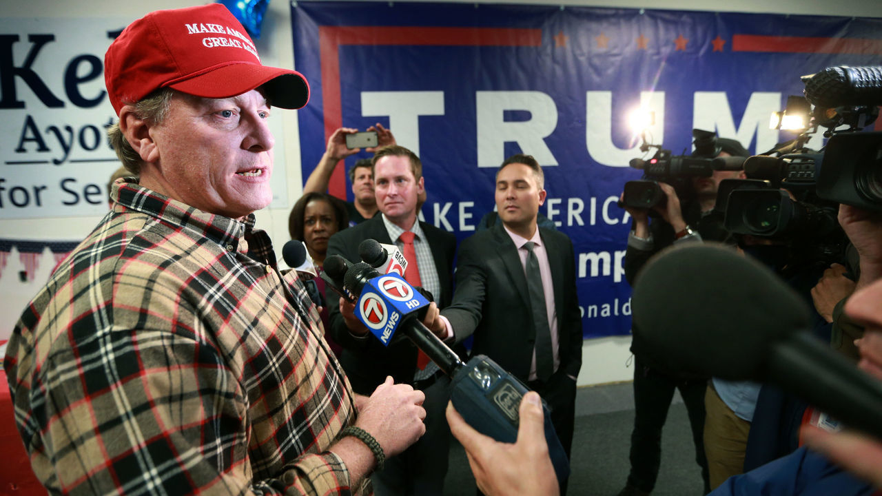 SALEM, NH - OCTOBER 18: Former Boston Red Sox pitcher Curt Schilling speaks to the media while making an appearance at a Republican Party office in Salem, NH to stump for the presidential candidacy of Donald Trump on Oct. 18, 2016.