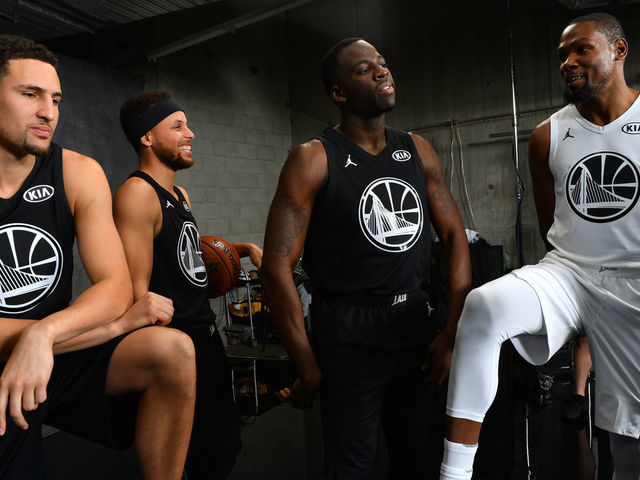 LOS ANGELES, CA - FEBRUARY 18: Klay Thompson, Stephen Curry, Draymond Green and Kevin Durant of the Golden State Warriors pose for a portrait during the NBA All-Star Game as a part of 2018 NBA All-Star Weekend at STAPLES Center on February 18, 2018 in Los Angeles, California. NOTE TO USER: User expressly acknowledges and agrees that, by downloading and/or using this photograph, user is consenting to the terms and conditions of the Getty Images License Agreement. Mandatory Copyright Notice: Copyright 2018 NBAE