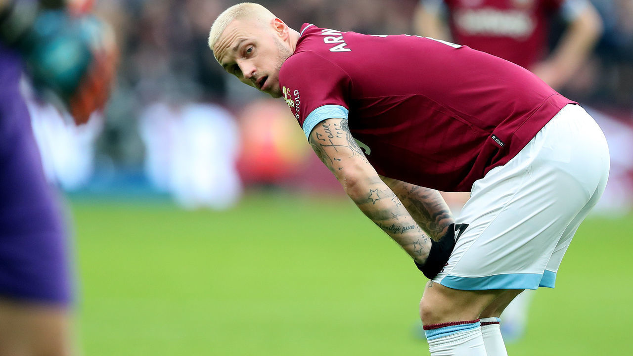 LONDON, ENGLAND - JANUARY 12: Marko Arnautovic of West Ham looks tired during the Premier League match between West Ham United and Arsenal FC at London Stadium on January 12, 2019 in London, United Kingdom.