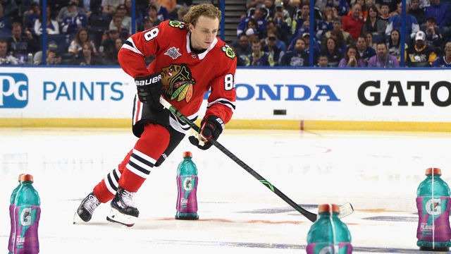 TAMPA, FL - JANUARY 27: Patrick Kane #88 of the Chicago BlackhaPatrick Kane #88 of the Chicago Blackhawkscompetes in the PPG NHL Hardest Shot challenge during 2018 GEICO NHL All-Star Skills Competition at Amalie Arena on January 27, 2018 in Tampa, Florida.