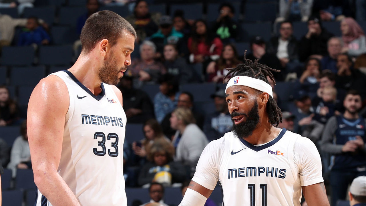 MEMPHIS, TN - JANUARY 23: Marc Gasol #33 and Mike Conley #11 of the Memphis Grizzlies talk during the game against the Charlotte Hornets on January 23, 2019 at FedExForum in Memphis, Tennessee. NOTE TO USER: User expressly acknowledges and agrees that, by downloading and/or using this photograph, user is consenting to the terms and conditions of the Getty Images License Agreement. Mandatory Copyright Notice: Copyright 2019 NBAE