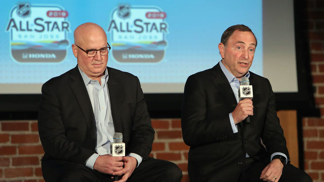 SAN JOSE, CALIFORNIA - JANUARY 25: (l-r) Bill Daly the Deputy Commissioner of the NHL along with NHL Commissioner Gary Bettman speaks during a press conference during the NHL All Star Week at the McEnery Convention Center on January 25, 2019 in San Jose, California.