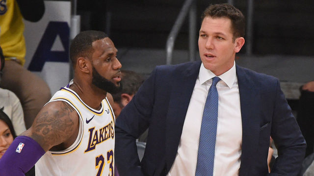 LOS ANGELES, CA - DECEMBER 23: LeBron James #23, and Head Coach Luke Walton of the Los Angeles Lakers talk against the Memphis Grizzlies on December 23, 2018 at STAPLES Center in Los Angeles, California. NOTE TO USER: User expressly acknowledges and agrees that, by downloading and/or using this Photograph, user is consenting to the terms and conditions of the Getty Images License Agreement. Mandatory Copyright Notice: Copyright 2018 NBAE