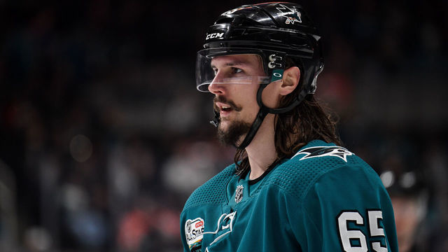 SAN JOSE, CA - JANUARY 08: Erik Karlsson #65 of the San Jose Sharks looking on after the play against the Edmonton Oilers at SAP Center on January 8, 2018 in San Jose, California