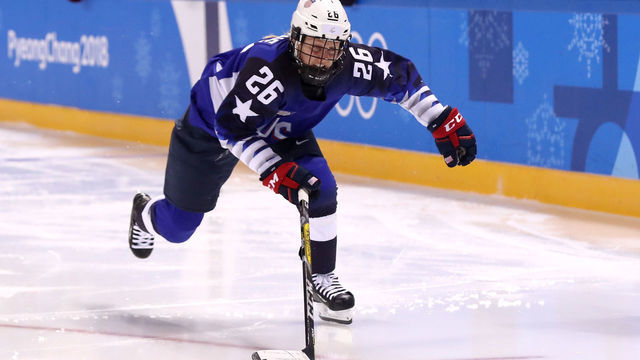 GANGNEUNG, SOUTH KOREA - FEBRUARY 13: Kendall Coyne #26 of the United States skates with the puck against Olympic Athletes from Russia during the Women's Ice Hockey Preliminary Round - Group A game on day four of the PyeongChang 2018 Winter Olympic Games at Kwandong Hockey Centre on February 13, 2018 in Gangneung, South Korea.