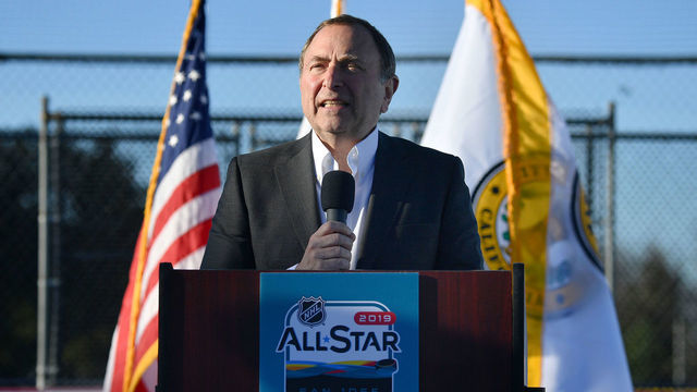 SAN JOSE, CA - JANUARY 24: NHL Commissionar Gary Bettman speaks at the podium at the unveiling of a newly renovated outdoor street hockey rink as part of the 2019 NHL All-Star Legacy Project on January 24, 2019 in San Jose, California.