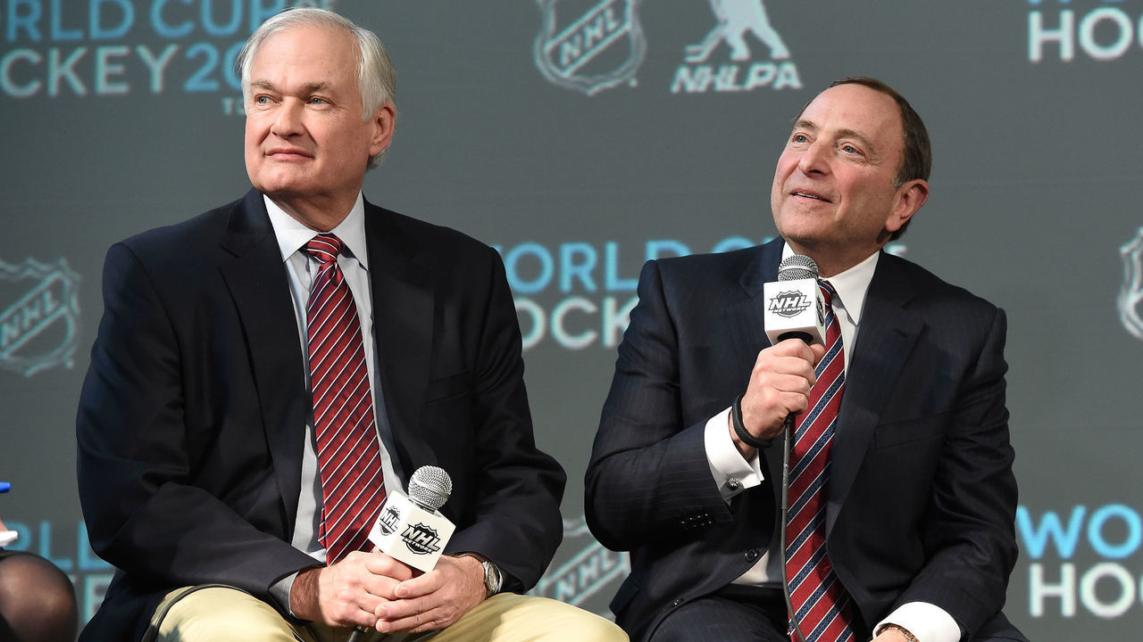 COLUMBUS, OH - JANUARY 24: NHLPA Executive Director Donald Fehr (L) and NHL Commissioner Gary Bettman speak onstage during the 2015 NHL All-Star Weekend Commissioners Press Conference at Nationwide Arena on January 24, 2015 in Columbus, Ohio.
