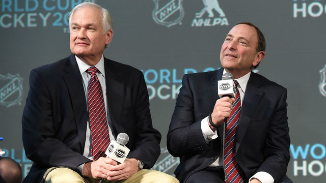 COLUMBUS, OH - JANUARY 24: NHLPA Executive Director Donald Fehr (L) and NHL Commissioner Gary Bettman speak onstage during the 2015 NHL All-Star Weekend Commissioners Press Conference at Nationwide Arena on January 24, 2015 in Columbus, Ohio.
