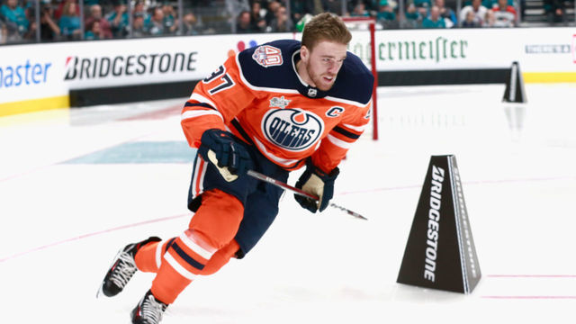 SAN JOSE, CA - JANUARY 25: Connor McDavid #97 of the Edmonton Oilers competes in the Bridgestone NHL Fastest Skater during the 2019 SAP NHL All-Star Skills at SAP Center on January 25, 2019 in San Jose, California.