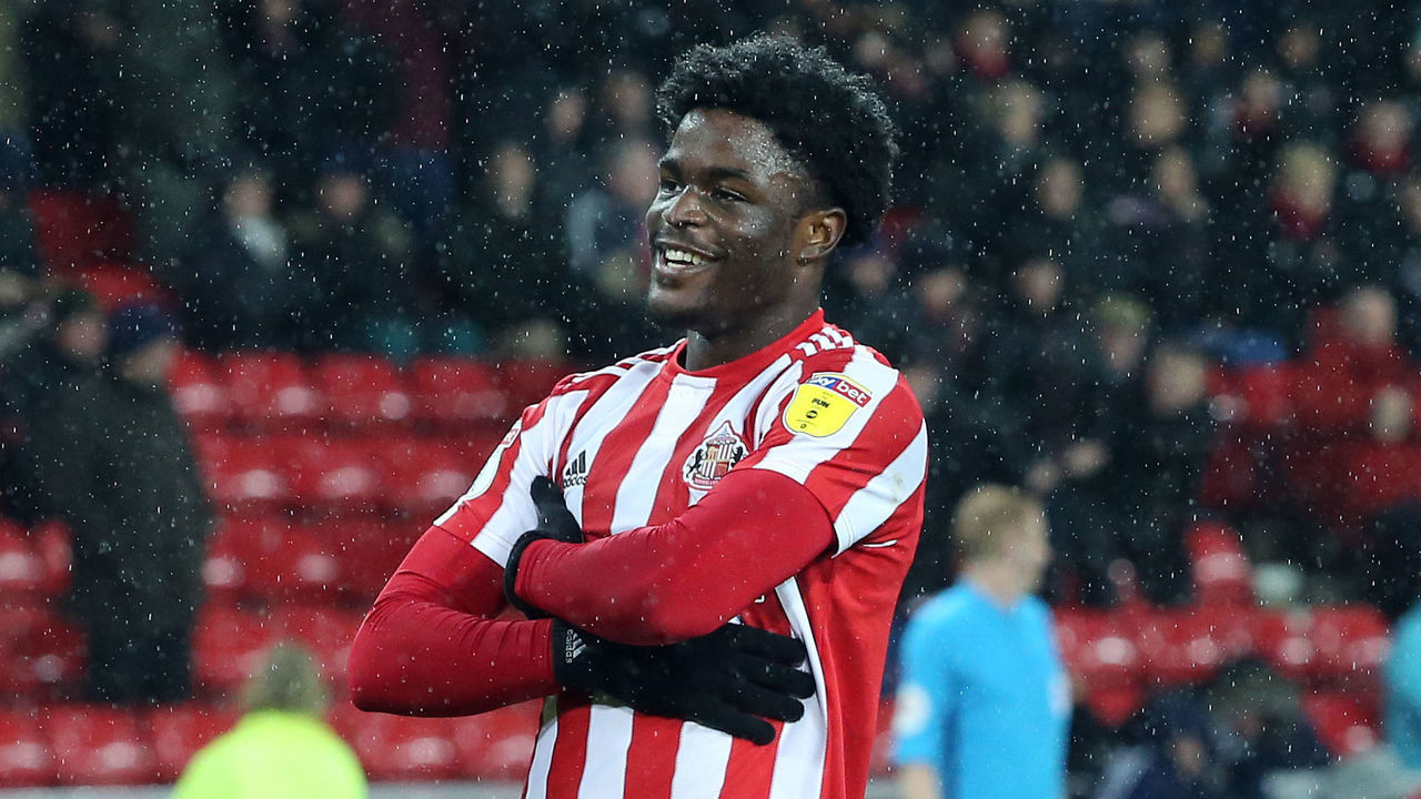 SUNDERLAND, ENGLAND - NOVEMBER 27: Josh Maja of Sunderland celebrates scoring the second goal during the Sky Bet League One match between Sunderland and Barnsley at Stadium of Light on November 27, 2018 in Sunderland, United Kingdom.