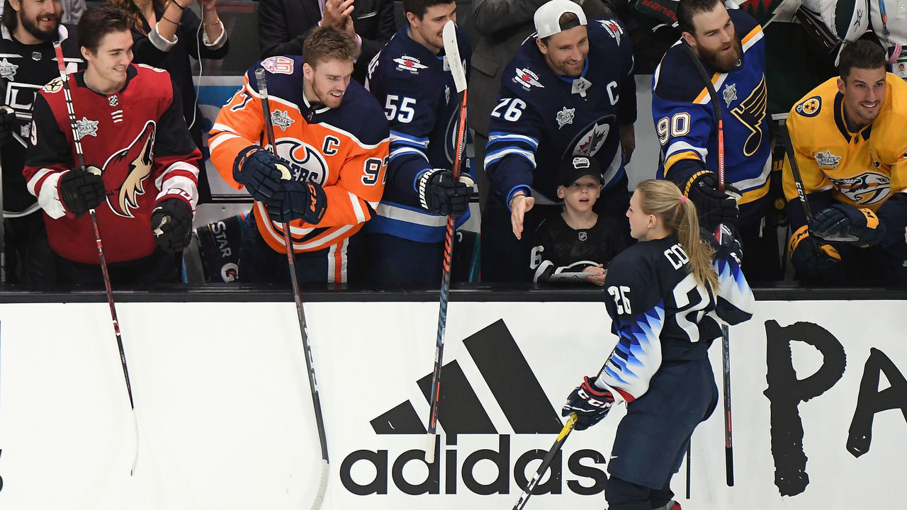 SAN JOSE, CA - JANUARY 25: Kendall Coyne #26 of the U.S. Women's National hockey team skates by the Western Conference bench during the Bridgestone NHL Fastest Skater during the 2019 SAP NHL All-Star Skills at SAP Center on January 25, 2019 in San Jose, California.