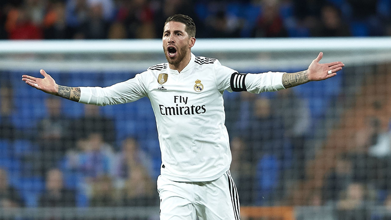 MADRID, SPAIN - JANUARY 24: Sergio Ramos of Real Madrid reacts during the Copa del Rey Quarter Final first leg match between Real Madrid and Girona FC at Bernabeu on January 24, 2019 in Madrid, Spain.