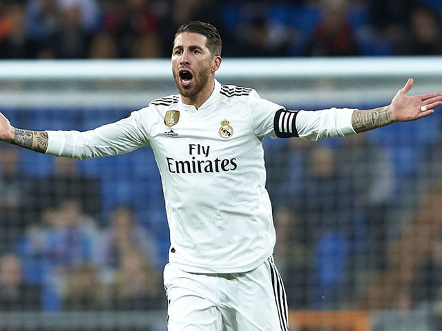 MADRID, SPAIN - JANUARY 24: Sergio Ramos of Real Madrid reacts during the Copa del Rey Quarter Final first leg match between Real Madrid and Girona FC at Bernabeu on January 24, 2019 in Madrid, Spain.