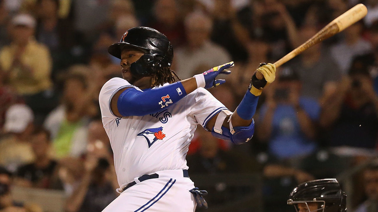 SURPRISE, AZ - NOVEMBER 03: AFL West All-Star, Vladimir Guerrero Jr #27 of the Toronto Blue Jays bats during the Arizona Fall League All Star Game at Surprise Stadium on November 3, 2018 in Surprise, Arizona.