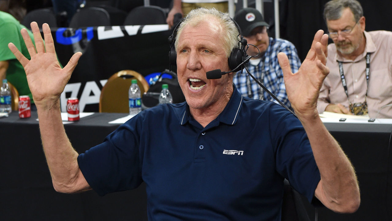 LAS VEGAS, NV - MARCH 09: Sportscaster and former NBA player Bill Walton broadcasts after a quarterfinal game of the Pac-12 Basketball Tournament between the USC Trojans and the UCLA Bruins at T-Mobile Arena on March 9, 2017 in Las Vegas, Nevada. UCLA won 76-74.
