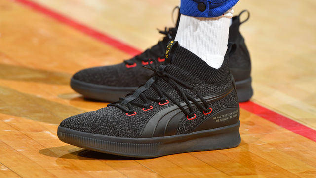 WASHINGTON, DC - JANUARY 24: Sneakers of DeMarcus Cousins #0 of the Golden State Warriors on January 24, 2019 at Capital One Arena in Washington, DC. Mandatory Copyright Notice: Copyright 2019 NBAE