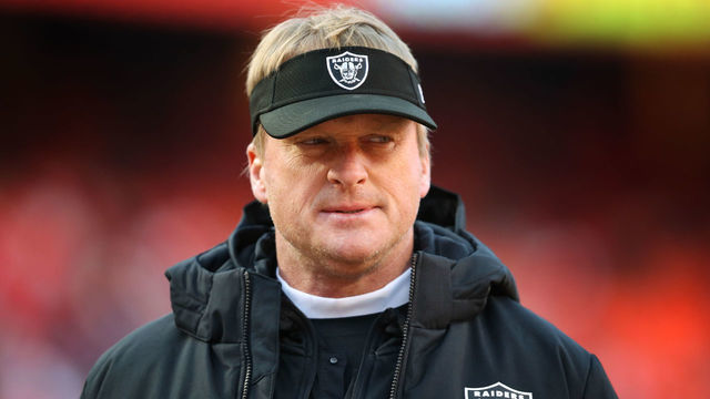 KANSAS CITY, MO - DECEMBER 30: Oakland Raiders head coach Jon Gruden before an NFL game between the Oakland Raiders and Kansas City Chiefs on December 30, 2018 at Arrowhead Stadium in Kansas City, MO.