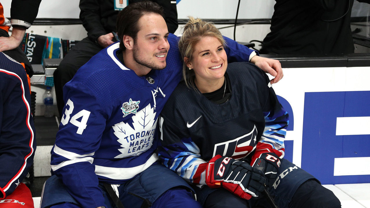 SAN JOSE, CA - JANUARY 25: Auston Matthews #34 of the Toronto Maple Leafs and Brianna Decker of the U.S. Women's National team look on during the 2019 SAP NHL All-Star Skills at SAP Center on January 25, 2019 in San Jose, California.