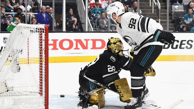 SAN JOSE, CA - JANUARY 26: Gabriel Landeskog #92 of the Colorado Avalanche puts a backhand shot against goaltender Marc-Andre Fleury #29 of the Vegas Golden Knights during the 2019 Honda NHL All-Star Game at SAP Center on January 26, 2019 in San Jose, California.