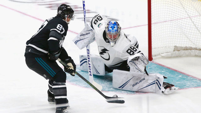 SAN JOSE, CA - JANUARY 26: Sidney Crosby #87 of the Pittsburgh Penguins puts a backhand shot against goaltender Andrei Vasilevskiy #88 of the Tampa Bay Lightning during the 2019 Honda NHL All-Star Game at SAP Center on January 26, 2019 in San Jose, California.