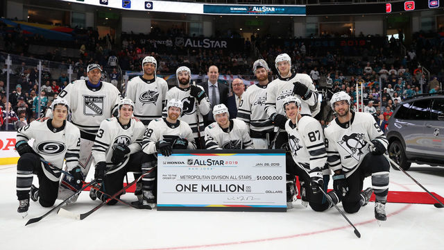 SAN JOSE, CA - JANUARY 26: The Metropolitan Division All-Stars pose after winning the 2019 Honda NHL All-Star Game at SAP Center on January 26, 2019 in San Jose, California.