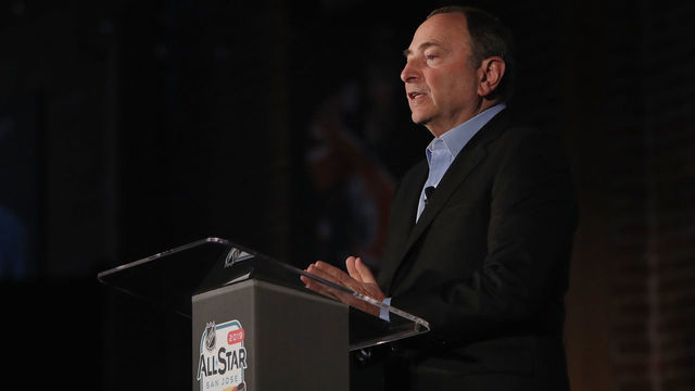 SAN JOSE, CALIFORNIA - JANUARY 25: NHL Commissioner Gary Bettman speaks during a press conference during the NHL All Star Week at the McEnery Convention Center on January 25, 2019 in San Jose, California.