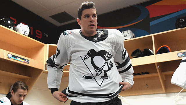 SAN JOSE, CA - JANUARY 26: Sidney Crosby #87 of the Pittsburgh Penguins suits up in locker room prior to the 2019 Honda NHL All-Star Game at SAP Center on January 26, 2019 in San Jose, California.
