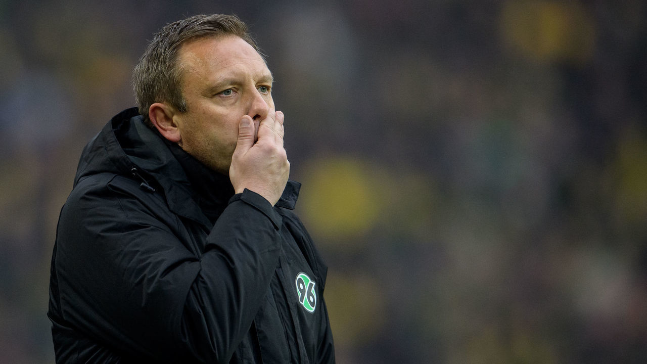 DORTMUND, GERMANY - JANUARY 26: Headcoach Andre Breitenreiter of Hannover reacts during the Bundesliga match between Borussia Dortmund and Hannover 96 at the Signal Iduna Park on January 26, 2019 in Dortmund, Germany.