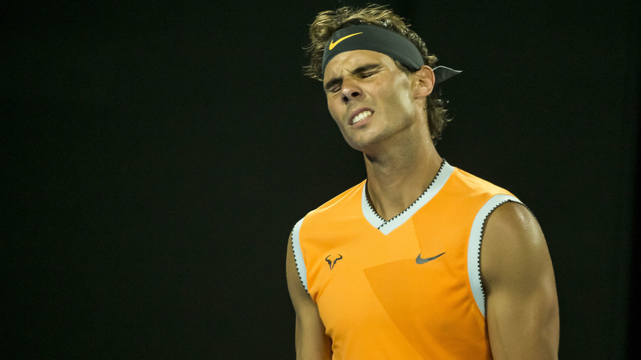 MELBOURNE, AUSTRALIA - JANUARY 27 : Rafael Nadal of Spain shows his frustration during the final on day 14 of the Australian Open on January 27 2019, at Melbourne Park in Melbourne, Australia.