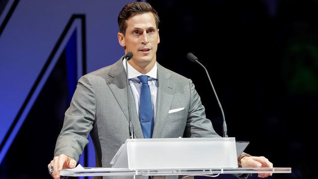 TAMPA, FL - FEBRUARY 10: Vincent Lecavalier speaks during the ceremony to retire his #4 by the Tampa Bay Lightning prior to the game against the Los Angeles Kings at the Amalie Arena on February 10, 2018 in Tampa, Florida.