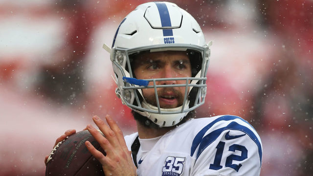 KANSAS CITY, MO - JANUARY 12: Indianapolis Colts quarterback Andrew Luck (12) throws a pass in the snow warming up before an AFC Divisional Round playoff game game between the Indianapolis Colts and Kansas City Chiefs on January 12, 2019 at Arrowhead Stadium in Kansas City, MO.