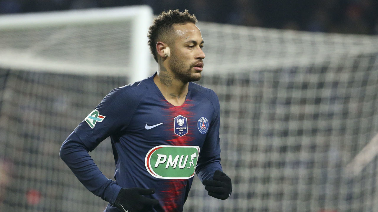 PARIS, FRANCE - JANUARY 23: Neymar Jr of PSG during the French Cup match between Paris Saint-Germain (PSG) and RC Strasbourg Alsace at Parc des Princes stadium on January 23, 2019 in Paris, France.