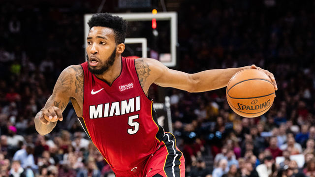CLEVELAND, OH - JANUARY 25: Derrick Jones Jr. #5 of the Miami Heat drives to the basket during the first half against the Cleveland Cavaliers at Quicken Loans Arena on January 25, 2019 in Cleveland, Ohio. NOTE TO USER: User expressly acknowledges and agrees that, by downloading and/or using this photograph, user is consenting to the terms and conditions of the Getty Images License Agreement.
