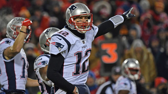 KANSAS CITY, MO - JANUARY 20: Quarterback Tom Brady #12 of the New England Patriots calls out instructions at the line during the first half of the AFC Championship Game against the Kansas City Chiefs at Arrowhead Stadium on January 20, 2019 in Kansas City, Missouri.