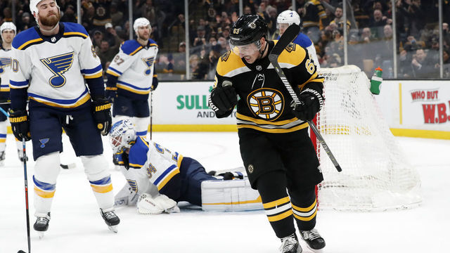 BOSTON, MA - JANUARY 17: Boston Bruins left wing Brad Marchand (63) reacts to his goal during a game between the Boston Bruins and the St. Louis Blues on January 17, 2019, at TD Garden in Boston, Massachusetts.