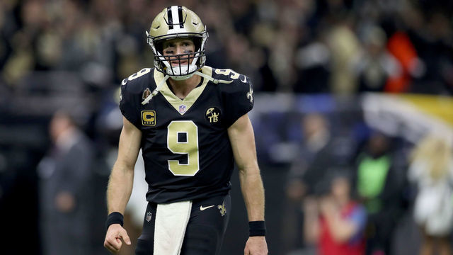 NEW ORLEANS, LOUISIANA - JANUARY 20: Drew Brees #9 of the New Orleans Saints celebrates a touchdown scored by Taysom Hill #7 against the Los Angeles Rams during the third quarter in the NFC Championship game at the Mercedes-Benz Superdome on January 20, 2019 in New Orleans, Louisiana.