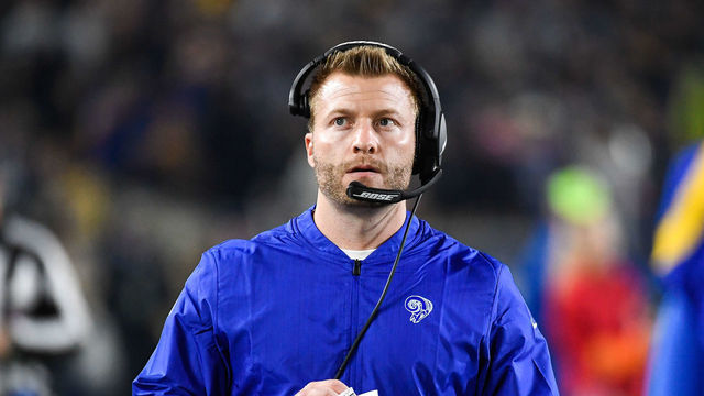 LOS ANGELES, CA - JANUARY 12: Head coach Sean McVay of the Los Angeles Rams looks on during the NFC Divisional Round playoff game against the Dallas Cowboys at Los Angeles Memorial Coliseum on January 12, 2019 in Los Angeles, California.