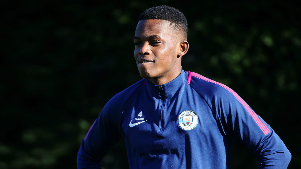 MANCHESTER, ENGLAND - FEBRUARY 15: Manchester City's Rabbi Matondo during training at Manchester City Football Academy on February 15, 2018 in Manchester, England.