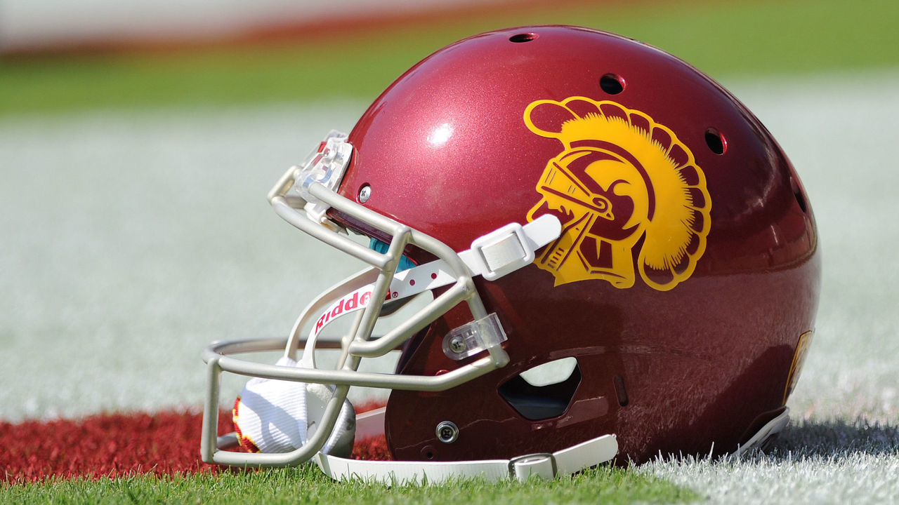 06 SEP 2014: A USC Trojans' helmet sits on the field during warm ups before the start of a NCAA football game between the University of Southern California Trojans and the Stanford Cardinal at Stanford Stadium in Palo Alto, CA.