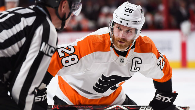 MONTREAL, QC - JANUARY 19: Philadelphia Flyers center Claude Giroux (28) looks towards the linesman waiting for a faceoff during the Philadelphia Flyers versus the Montreal Canadiens game on January 19, 2019, at Bell Centre in Montreal, QC
