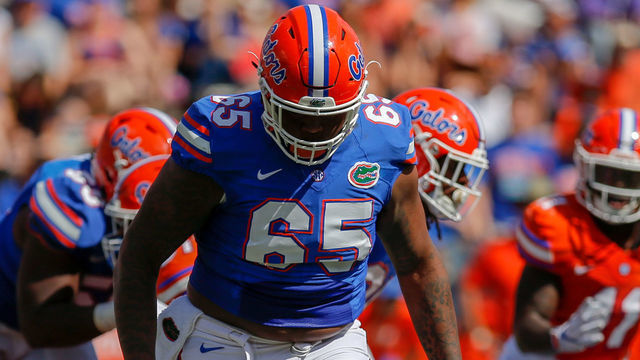GAINESVILLE, FL - APRIL 14: Florida Gators offensive lineman Jawaan Taylor (65) blocks Florida Gators defensive back C.J. McWilliams (12) during the Orange & Blue Game presented by Sunniland on April 14, 2018 at Ben Hill Griffin Stadium at Florida Field in Gainesville, Fl.