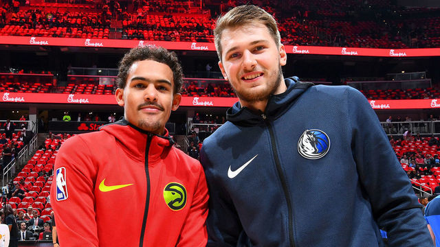 ATLANTA, GA - OCTOBER 24: Trae Young #11 of the Atlanta Hawks and Luka Doncic #77 of the Dallas Mavericks pose for a photo before the game on October 24, 2018 at State Farm Arena in Atlanta, Georgia. NOTE TO USER: User expressly acknowledges and agrees that, by downloading and/or using this photograph, user is consenting to the terms and conditions of the Getty Images License Agreement. Mandatory Copyright Notice: Copyright 2018 NBAE