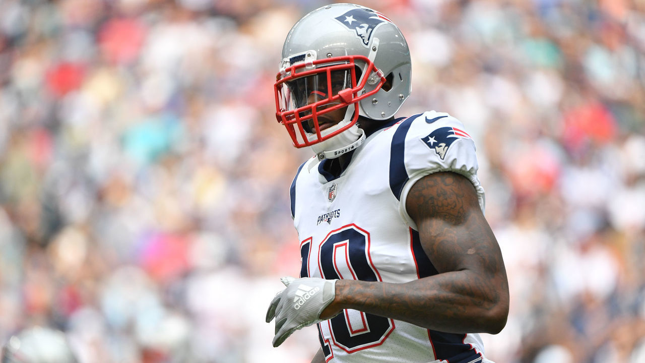 MIAMI, FL - DECEMBER 09: Josh Gordon #10 of the New England Patriots warms up before the game against the Miami Dolphins at Hard Rock Stadium on December 9, 2018 in Miami, Florida.