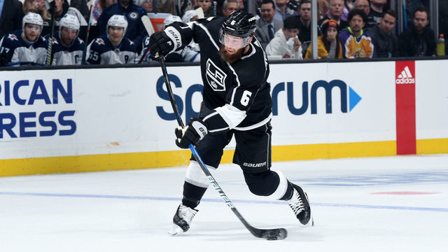 LOS ANGELES, CA - DECEMBER 18: Jake Muzzin #6 of the Los Angeles Kings shoots the puck during the first period of the game against the Winnipeg Jets at STAPLES Center on December 18, 2018 in Los Angeles, California.