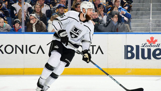BUFFALO, NY - DECEMBER 11:Jake Muzzin #6 of the Los Angeles Kings skates with the puck during an NHL game against the Buffalo Sabres on December 11, 2018 at KeyBank Center in Buffalo, New York.
