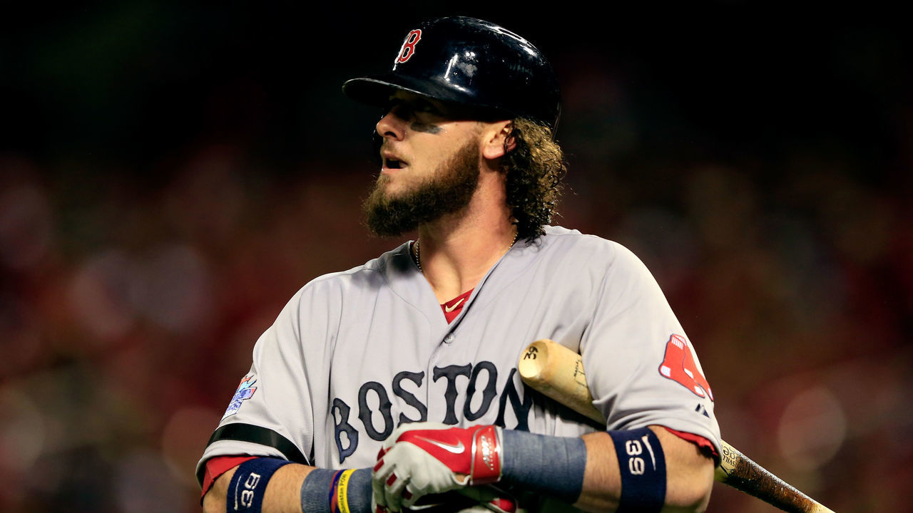 ST LOUIS, MO - OCTOBER 26: Jarrod Saltalamacchia #39 of the Boston Red Sox reacts in the third inning of Game Three of the 2013 World Series against the St. Louis Cardinals at Busch Stadium on October 26, 2013 in St Louis, Missouri.